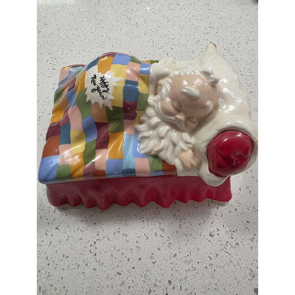 Vintage Ceramic trinket/candy box sleeping Santa, vtg thimble, Santa glasses